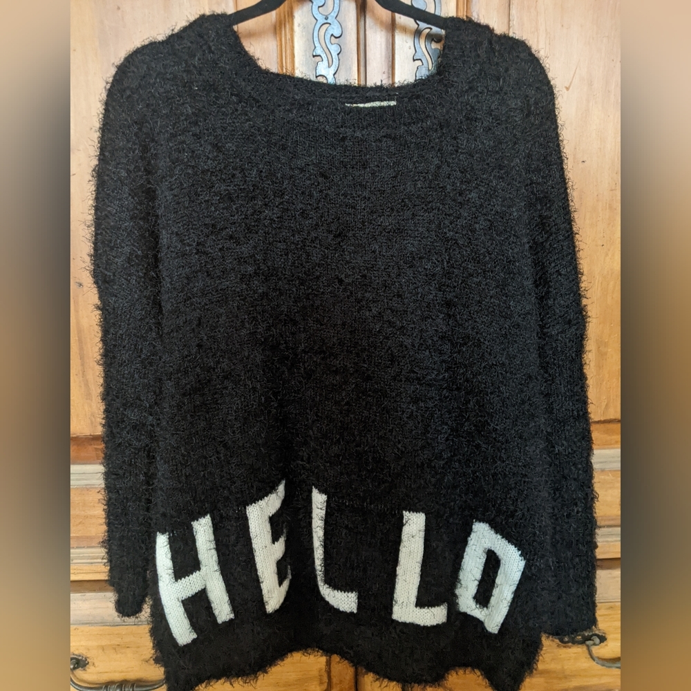 Fuzzy Sweater Hoodie- Hello and Bye on back